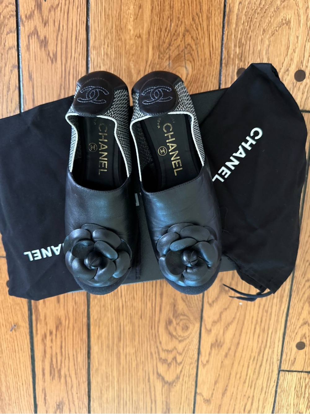 Chanel Black Leather Camellia Slide Mules with dust bag + box
